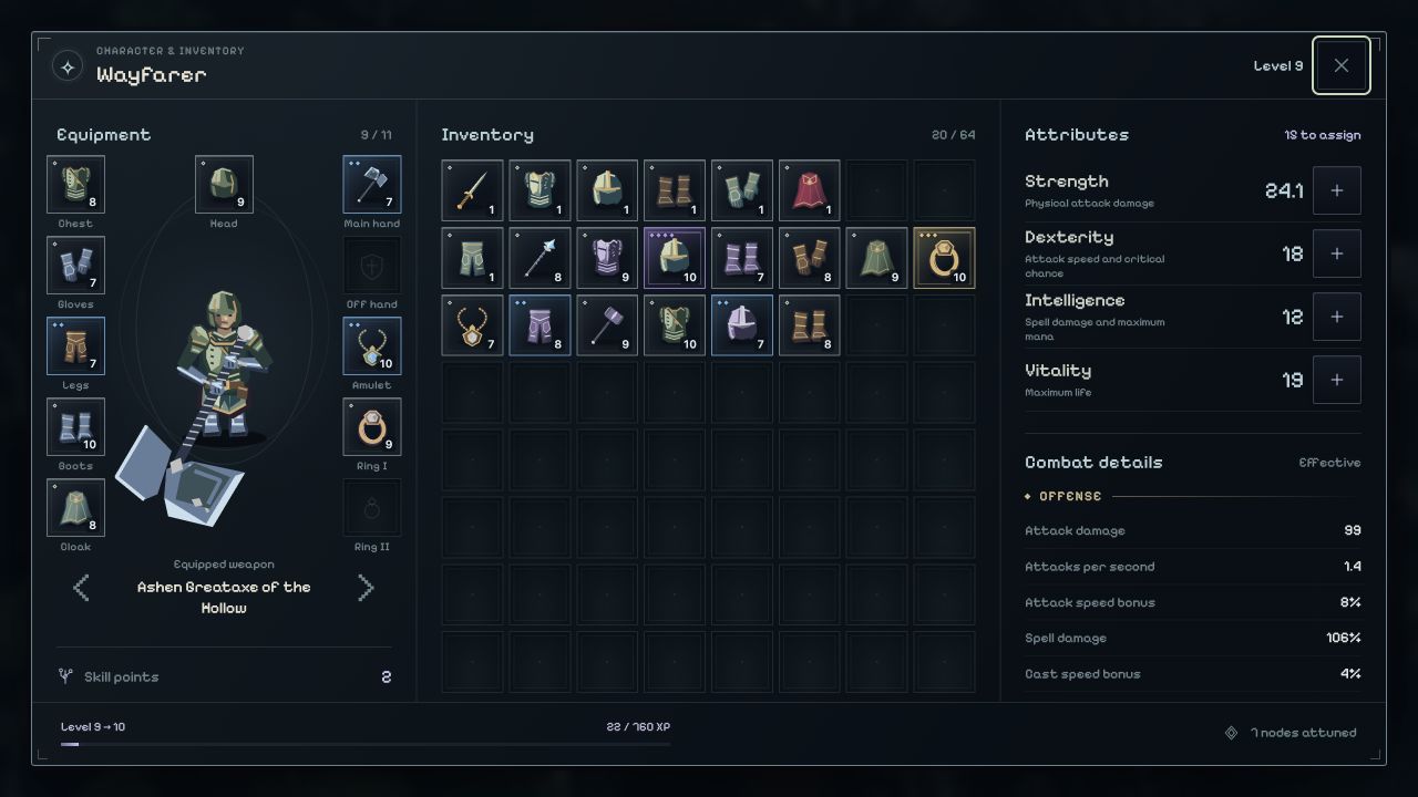 Realmstride hero with equipped gear in the character panel