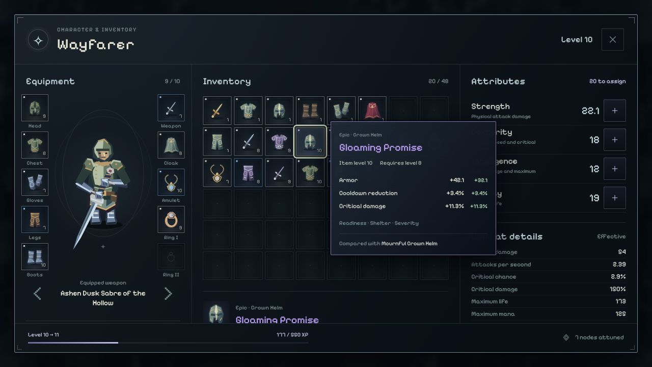 Realmstride inventory and equipment tooltip